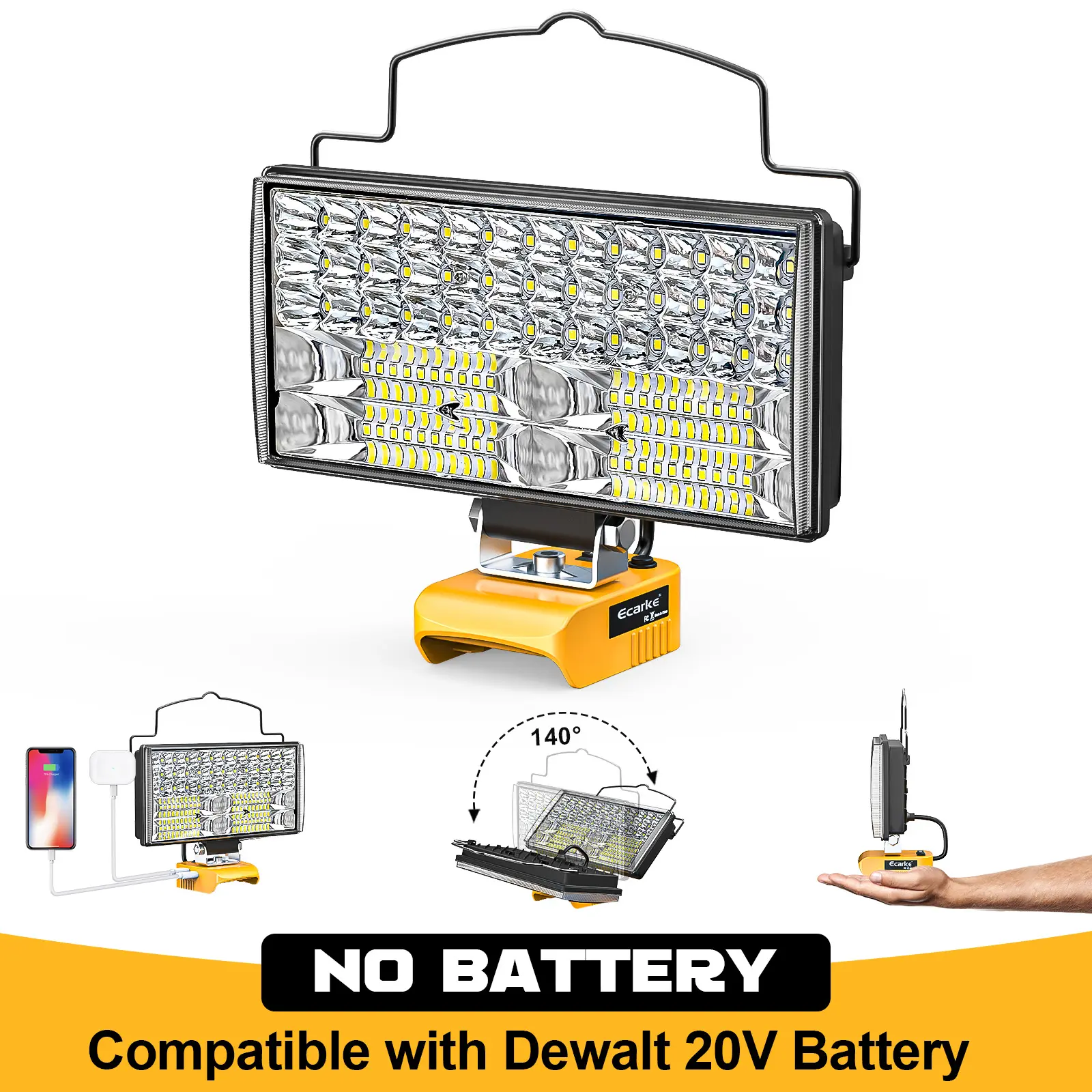 LED Work Light Compatible with Dewalt,【Battery NOT Included】, 100W 7000LM 7" Flood Battery Light, Cordless LED Flashlights with USB & Type-C & Low Voltage Protection & 140° Pivoting Head for Emergency & Job Site