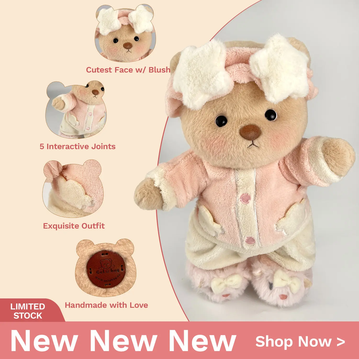 Getahug Star Hairband Teddy Bear Pajamas Moveable Stuffed Animal - Handmade Jointed Huggable Plushie, Mom Birthday Gift, Summer Holiday Girly Toy, Stuffed Animals for Gifting, Huggable Stuffed Animal