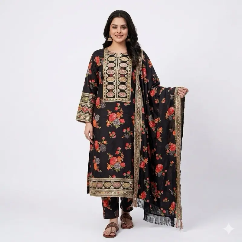 Women's Multicolor 3-Piece Punjabi Salwar Suit - Pakistani Modest Clothes, Floral Embroidery, Gold Accents, Blouse/Shirt, Sizes S-2XL, Casual All-Season Wear, Refund Eligible