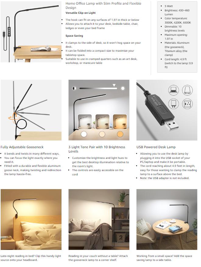 Lepro Clip on Desk Lamp LED Reading light Dimmable USB Small Clamp Lamp with 3 Color Modes 10 Brightness, Adjustable Flexible Gooseneck Table Light for Bed Headboard, Nail, Home Office,Computer-1