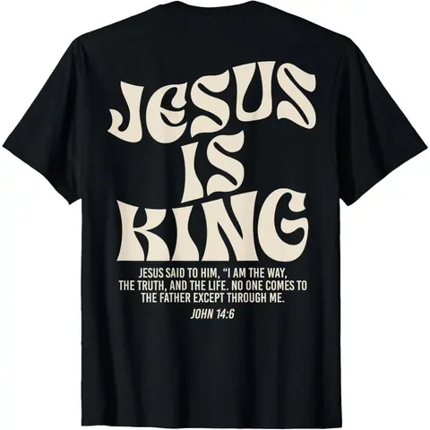 Men's Christian Front Print Bible Quote T-Shirt,  14:6 Jesus Is King Design, Casual Retro Short-Sleeve Top with Moderate Stretch for Adults