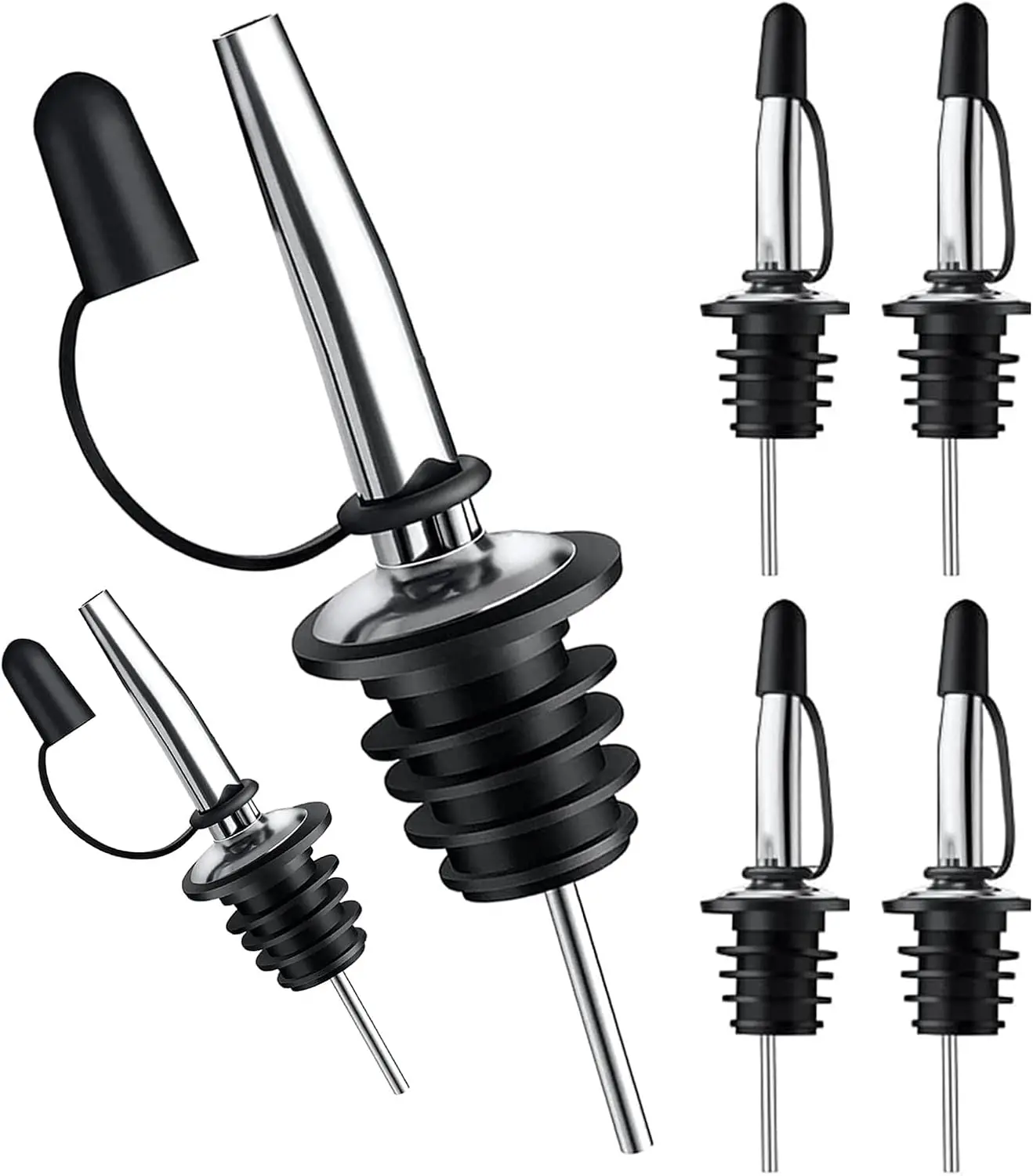6-Pack Stainless Steel Liquor Bottle Pourers with Dust Caps, Multi-Use Dispenser Spouts for Liquor, Olive Oil (Silver)