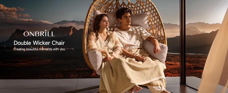 【Valentine's Day Gift】ONBRILL Double Hanging Egg Chair with Stand Bohemian Knot Style Hammock Swing Chair Foldable Basket Denser Weaves 650 Lbs Capacity Loveseat UV Resistant Cushion for Patio Backyard