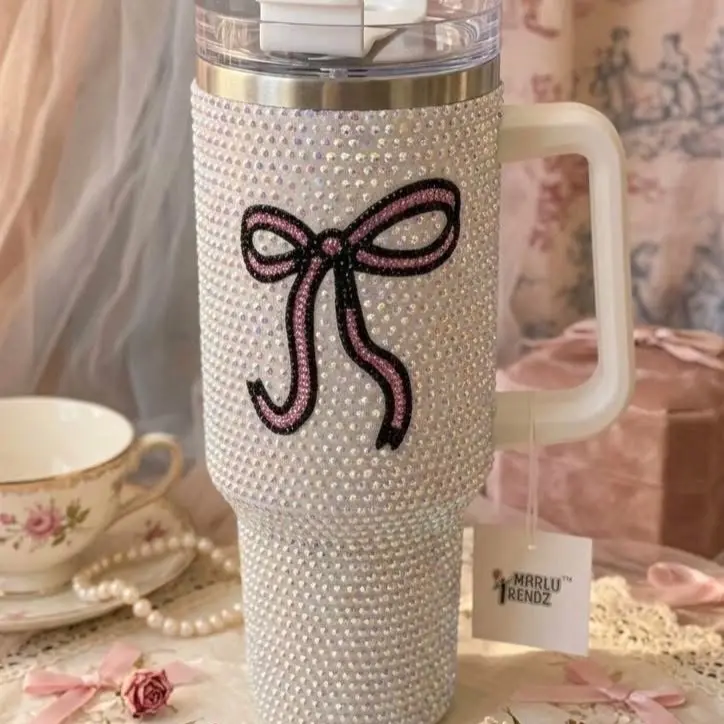 Adorable Rhinestone Bow 40oz Stainless Steel Reusable Water Bottle with Straw, Kitchenware Drinkware Bottle, Bottles