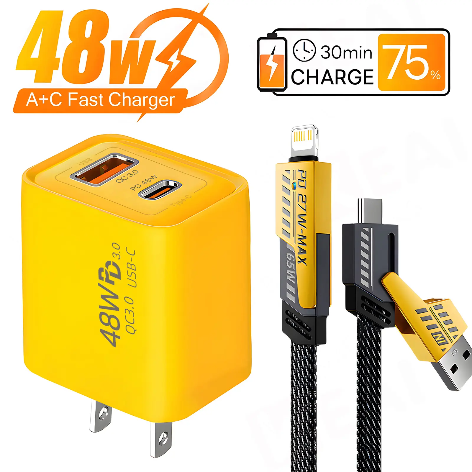 48W Fast Charger with 6.6FT 4-in-1 USB A+C Fast Charging Cable, Multi-port Adapter Set for iPhone 17/17 Air/16/15/14/Samsung S25/S24/Ultra/iPad/Airpods Cellphone Electronic Accessories