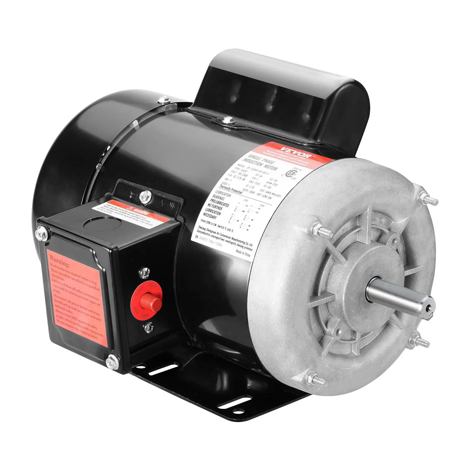 VEVOR 0.75HP Single-Phase AC Electric Motor - 1725 rpm, AC 115V/230V 60Hz 12A/6A, 56 Frame, 5/8" Keyed Shaft, Dual Rotation, Overload Protection with Manual Reset, Full Load, Heavy-Duty Rolled Steel Shell, for DIY Projects, Agricultural Machinery