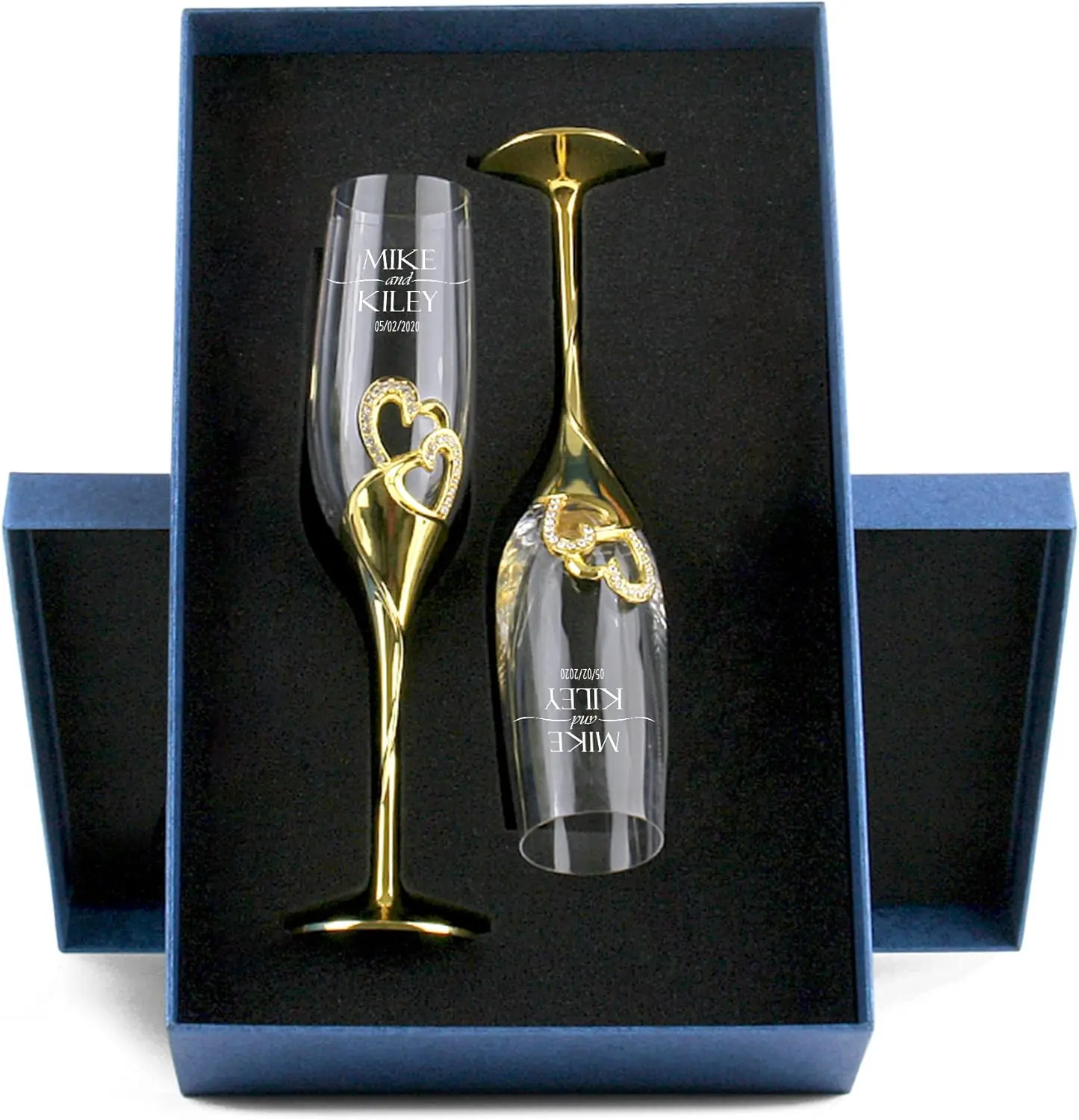 Engraved Wedding Glasses For Bride And Groom, Champagne Flutes With Box, Customized Heart Set Champagne Flutes, Premium Heart Set with Diamonds Flutes
