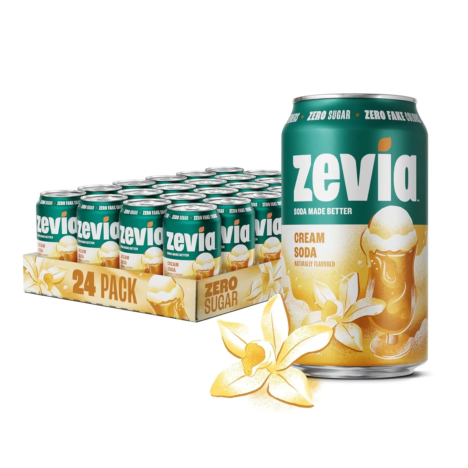 Zevia Zero Sugar Soda, Cream Soda, 12 oz Cans (24-Pack) – Naturally Sweetened, Non-GMO Project Verified, Gluten-Free, Vegan Visit the Zevia Store
