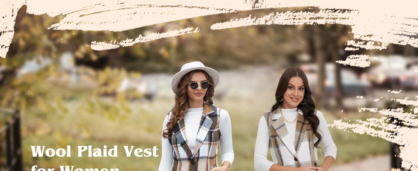 IDEALSANXUN Plaid Vest for Women Fall Winter Sleeveless Blazer Jackets Casual V-Neck Women's coat stylish wool autumn lady fashion fitted design Womenswear Cardigan Pockets Slim Tops Minimalist Clothes Flannel Outfits Outerwear Basic