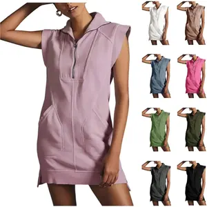 WoodBerry Women's Half Zip Sweatshirt Dresses Summer V Neck Sleeveless Pullover Tunic Tops Mini Dress
