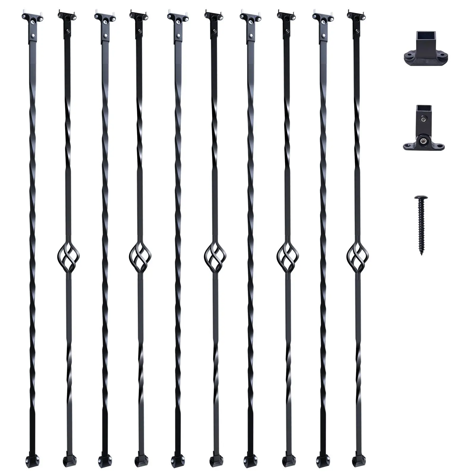 【SummerFinds】VEVOR Staircase Metal Balusters,  , 44'' x 1/2" Galvanized Steel Decorative Banister Spindles, 10 Pack Deck Baluster with Hollow Single Baskets, Twists, Spiral Stair Railing w/ Shoes & Screws