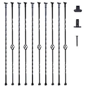 VEVOR Staircase Metal Balusters,  , 44'' x 1/2" Galvanized Steel Decorative Banister Spindles, 10 Pack Deck Baluster with Hollow Single Baskets, Twists, Spiral Stair Railing w/ Shoes & Screws