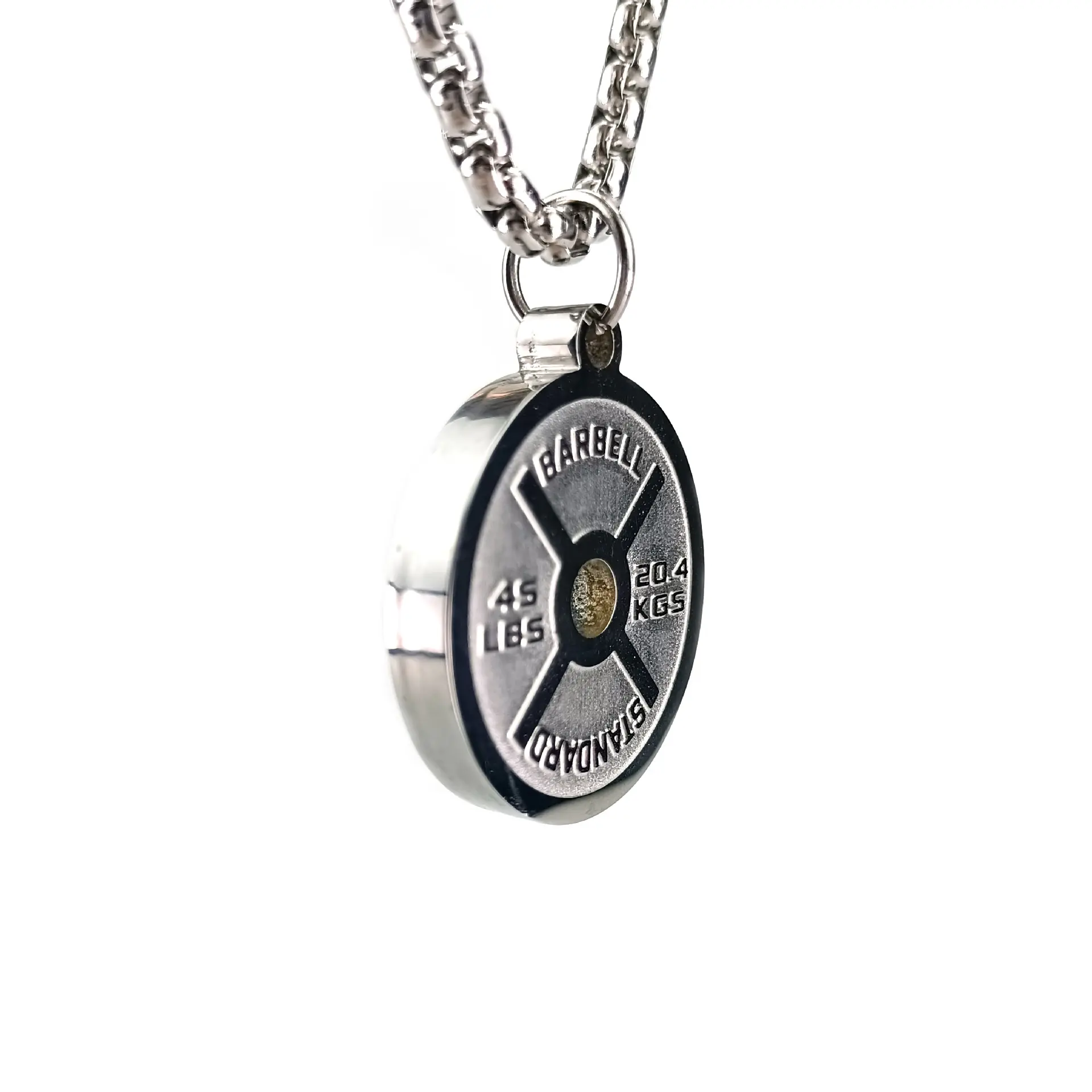 Women's 316L Stainless Steel Dumbbell Plate Necklace, "NO PAIN NO GAIN" Engraved Pendant, Unisex Sports Jewelry with Barbell Plate Details, 24.9g 33mm High, Gloss That Lasts, Security-Check Ok Workout Accessory Gift, Modern Fashion Accessories