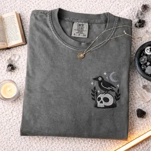 Embroidered Comfort Colors, Witchy Crow Skull Shirt, Embroidered Moon and Stars Tee, Gothic Raven, Spooky Witch Bird Shirt, Occult Crow Gift