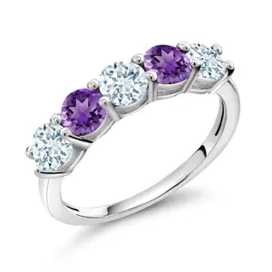925 Sterling Silver Sky Blue Aquamarine and Purple Amethyst Wedding Band Ring For Women (0.96 Cttw, Round 3.5MM, Gemstone March Birthstone)