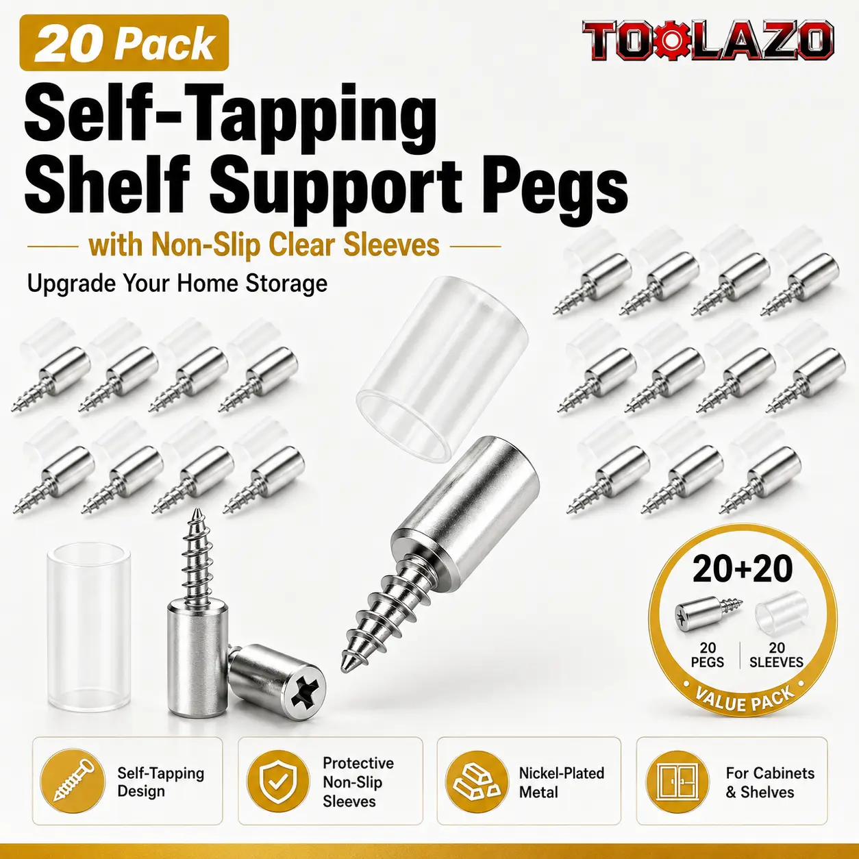 40-Pack Metal Mechanical Hardware Shelf Support Pegs & Sleeves (20pc Sleeves Included), Nickel-Plated Iron Self-Tapping Sturdy Pegs with Non-Slip Rubber for Adjustable Wood/MDF/Particleboard Shelving, Wardrobe, Shelf Repair