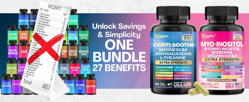 Soothe & Smooth Bundle - Zoyava Cortisol and Myo-Inositol All-in-One Dietary Supplement - Multivitamin Combo with Extra Strength Ingredients for Fitness & Healthcare - MADE IN USA