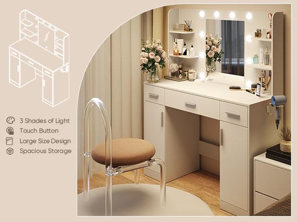 White Vanity Desk with Lighted Mirror & Power Outlet, Makeup Vanity with 3 Drawers, 4 Shelves, Cabinet & Hair Dryer Holder for Bedroom Girls