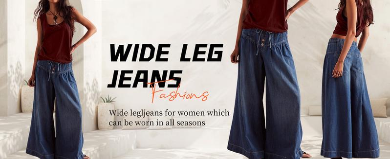 Chouyatou Women's Loose Wide-Leg Jeans Mid-Rise Elastic Waist Drawstring Flared Pleated Ruffle Button Jeans for Comfortable Stylish Wear Pants Dark Blue Plus Size Casual Denim Trousers