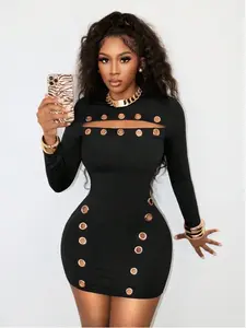 BamGleam Women's Round-Neck Long-Sleeved Open-Front Sexy Low-Cut Metal Eyelet Decorated Tight-Fitting Dress, Women's Street Fashion Clothing, Punk Halloween Festival Women's Dress