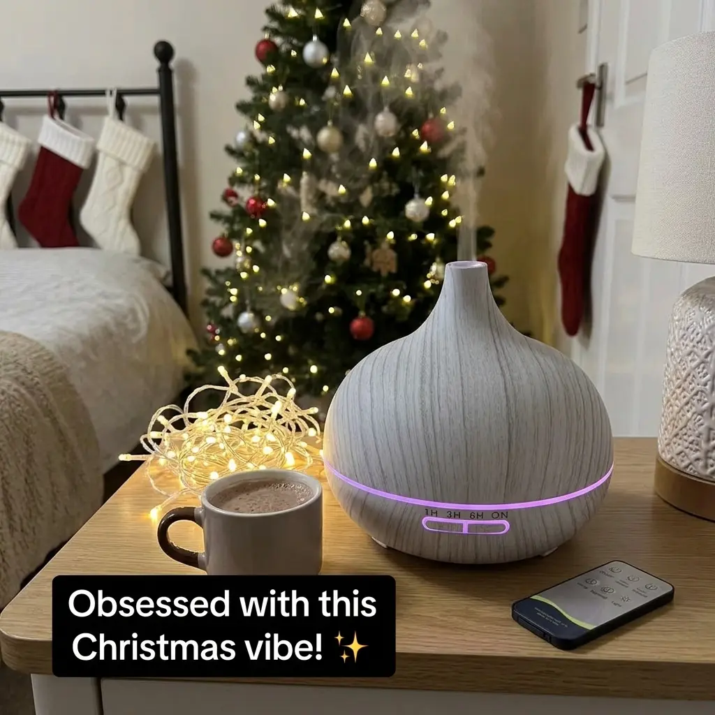 HONSUN 500ml Wood Grain Ultrasonic Essential Oil Diffuser - Cool Misting Humidifier with Remote Control, 7 Color LED Lights, 4 Timers, Adjustable Mist, Auto Shutoff, Built-In Cells for Home Users