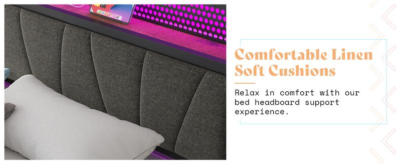 AMERLIFE King Size Lift Up Storage Bed Frame with LED Lights, Linen Upholstered Headboard with Charging Station, Wooden LED Light Platform Bed Frame,Best Gift Ideas/Christmas Gifts