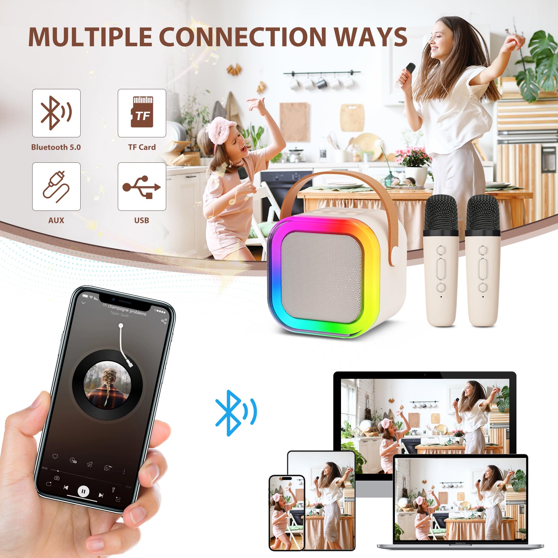 Portable Wireless Karaoke Speaker with Wireless Microphone,HIFI Stereo Sound KTV Speaker System,Wireless Speaker with RGB LED Lights,modified voice,Karaoke Machine for Outdoor,Travel, Best Gift for Home Party,Birthday Gift  speaker bluetooth Audio