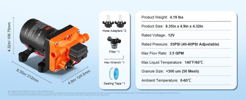 VEVOR Water Diaphragm Pump, 110V AC, 3.3 GPM Flow, 45 PSI Rated Pressure (40-80 PSI Adjustable), 1/2" MNPT Self Priming Sprayer Pump with Pressure Switch for RV Camper Marine Boat Lawn, FCC Certified