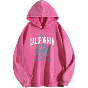 Holafish Women's California Print Acid Wash Hoodie Vintage Sweatshirt Oversized Loose Fit Winter Warm Streetwear Casual Tunic