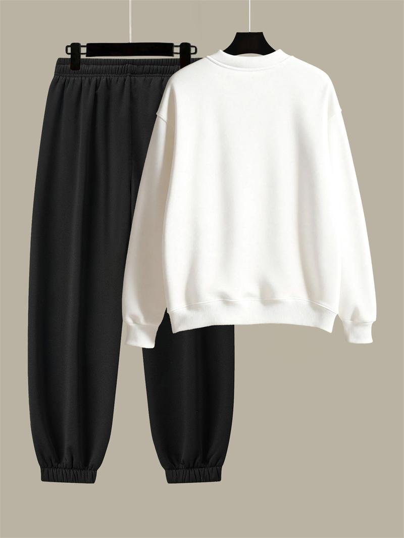 Men's Cotton Solid Color Casual Tracksuit Set Loose Fit Crew Neck Sweatshirt with Matching Jogger Pants for Fall Winter Comfortable Menswear Outfit for Outdoor Activities Sporty Commute Fitness and Relaxed Everyday Wear