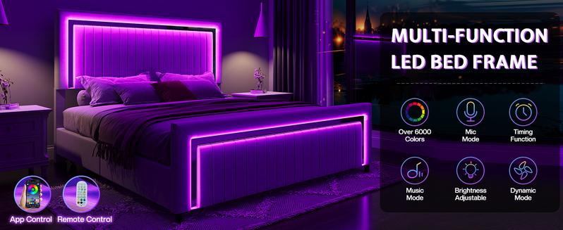 VanAcc Upholstered Platform LED Bed Frame with 4 Storage Drawer, Adjustable Headboard with Vertical Channel, No Box Spring Needed/Christmas Gift