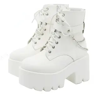 CELNEPHO Platform Boots for Women Round Toe Chunky Wedge Heel Side Zipper Closure Goth Punk Booties Lace Up Metal Chain Design Cosplay Gift Spring Dress Shoes