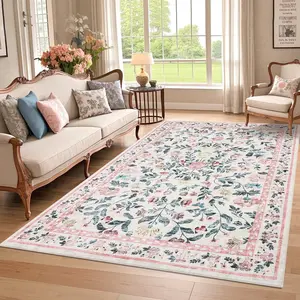 Washable Living Room Rug 6x9 Farmhouse Floral Accent Rug with Non-Slip Backing, Stain-Resistant Soft ，for Dining Room, Bedroom, Kids Room, Pink