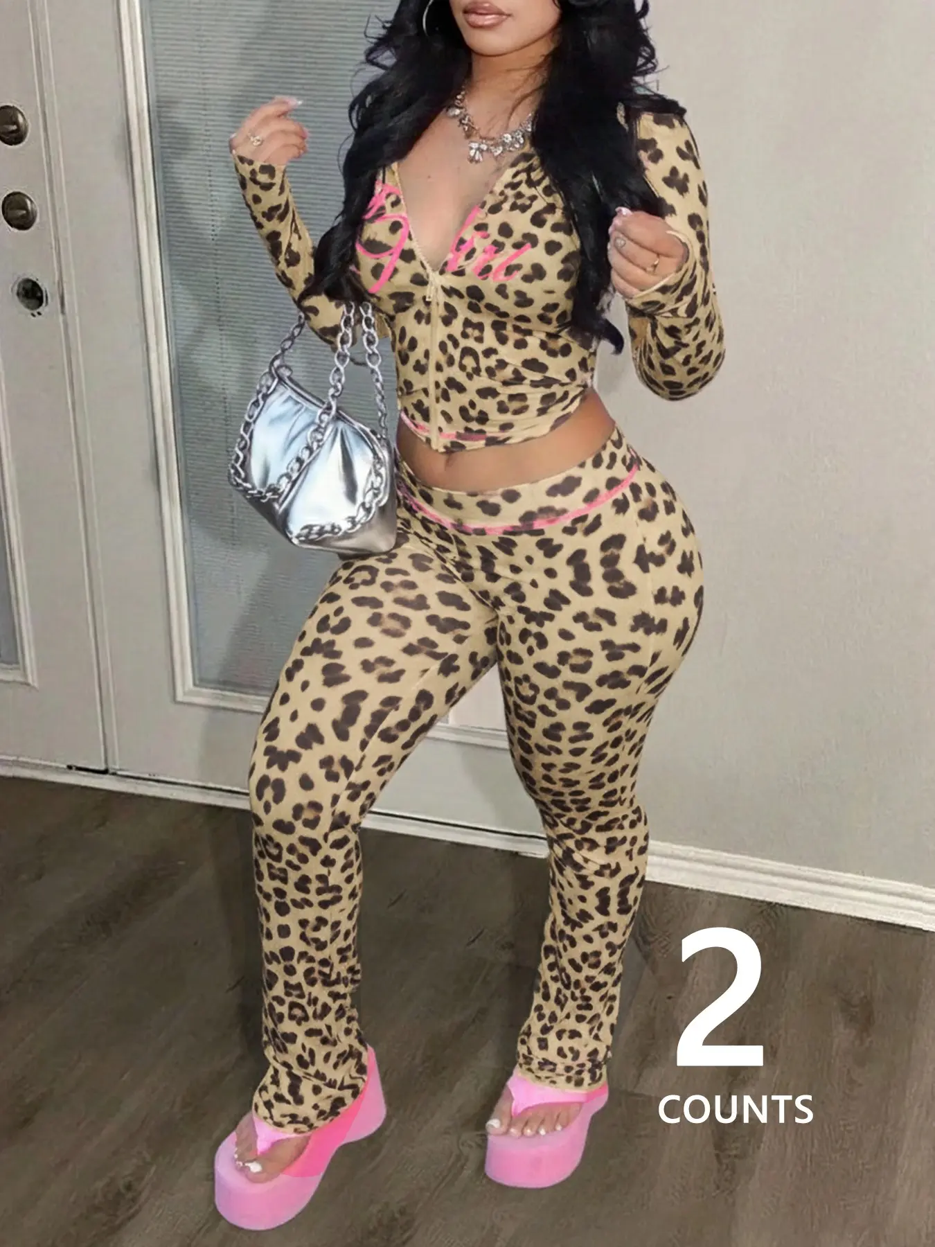 Women's Letter & Leopard Print Zipper Long Sleeve Jacket, Matching Flared Bell Bottoms, Soft Knit Streetwear, Y2K Street Style, Casual, Womenswear Outfit, Casual Matching Sets