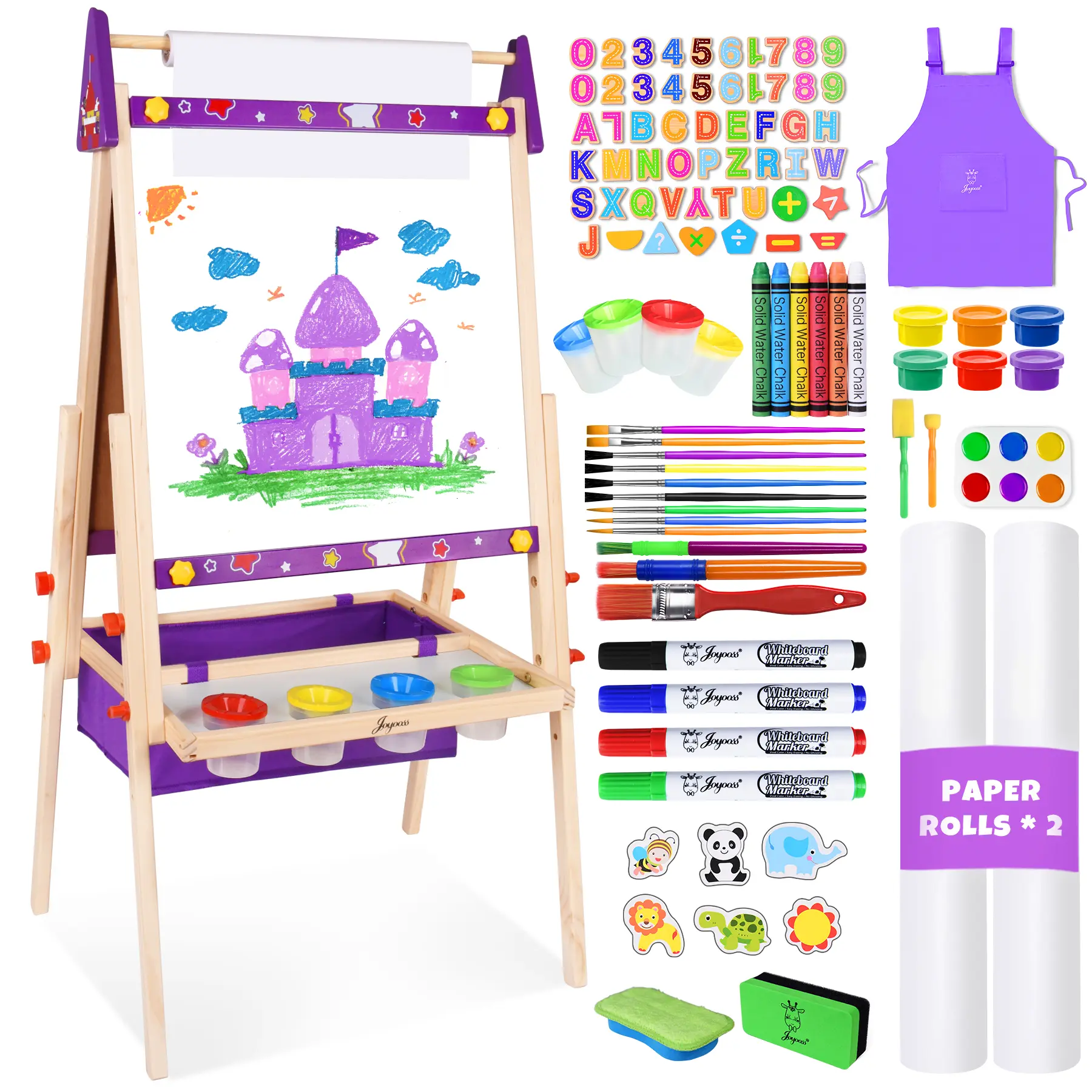 Joyooss Kids Wooden Double-Sided Easel with Paper Roll - 131cm Purple Art Drawing Toddler Painting Table