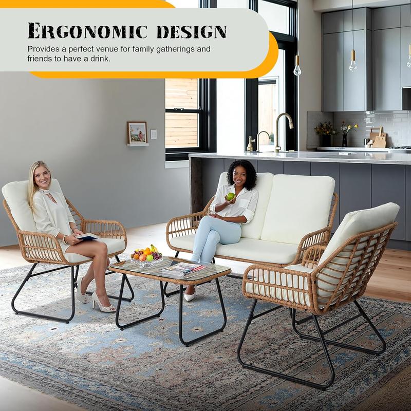 EortheX 4 Pieces Patio Outdoor Cushion Furniture Set,Patio Conversation Set,Rattan Wicker Bistro Sets with Loveseat Cushion Chairs and Modern Glass Coffee Table for Backyard Deck Balcony and Garden Lounge Spaces - Beige EortheX 4 Pieces Patio Outdoor Cushion Furniture Set,Patio Conversation Set,Rattan Wicker Bistro Sets with Loveseat Cushion Chairs and Modern Glass Coffee Table for Backyard Deck Balcony and Garden Lounge Spaces - Beige