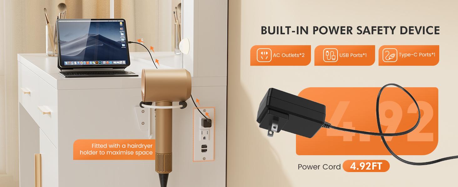 Vanity Desk with Mirror, Makeup Vanity Table with Charging Station (2AC/USB/C), Dressing Table with 2 Drawers & Large Cabinet