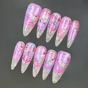 TK02 Unicorn Purple Press on Nails| 100% 3D Handmade Acrylic |Stiletto Shape | Reusable& Long lasting Salon Quality | Elegant Daily & Party Nails