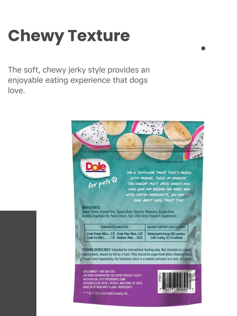 Dole for Pets Fruit Jerky Bites Dog Treats, Banana and Dragon Fruit - Flavored with Real Fruits, No Wheat, Corn, Soy, Artificial Flavors, Colors, or Preservatives, 6 Oz