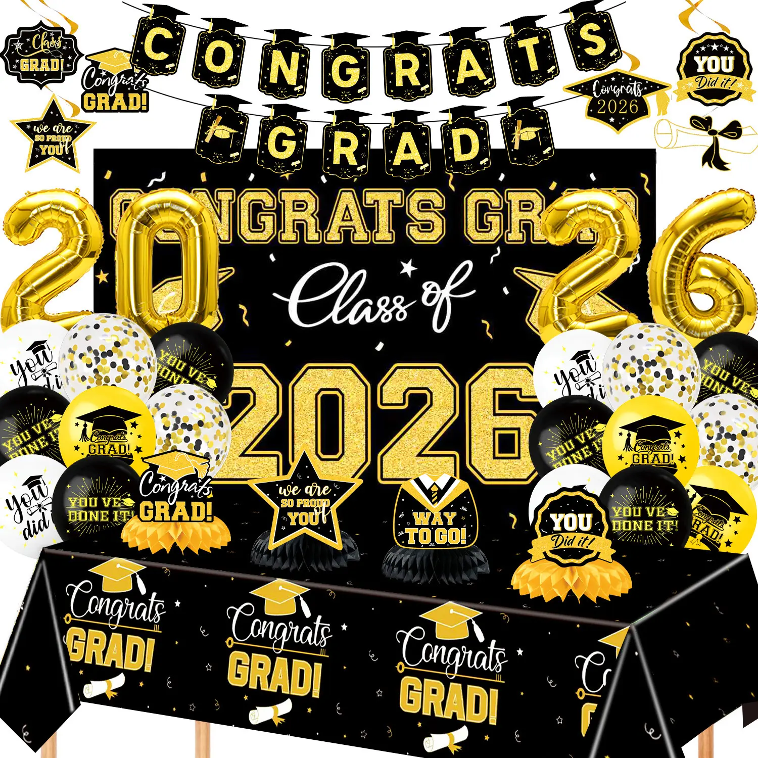Class of 2026 Theme Graduation Goodies Set - Home Supplies, 7-Piece Adult Grad Party Decor Kit with Bold Letter Print Backdrop, Balloons, Congrats Banner, Graduation Gifts, Perfect for Home or Classroom Parties, the Complete Set Shown in the Picture, The,