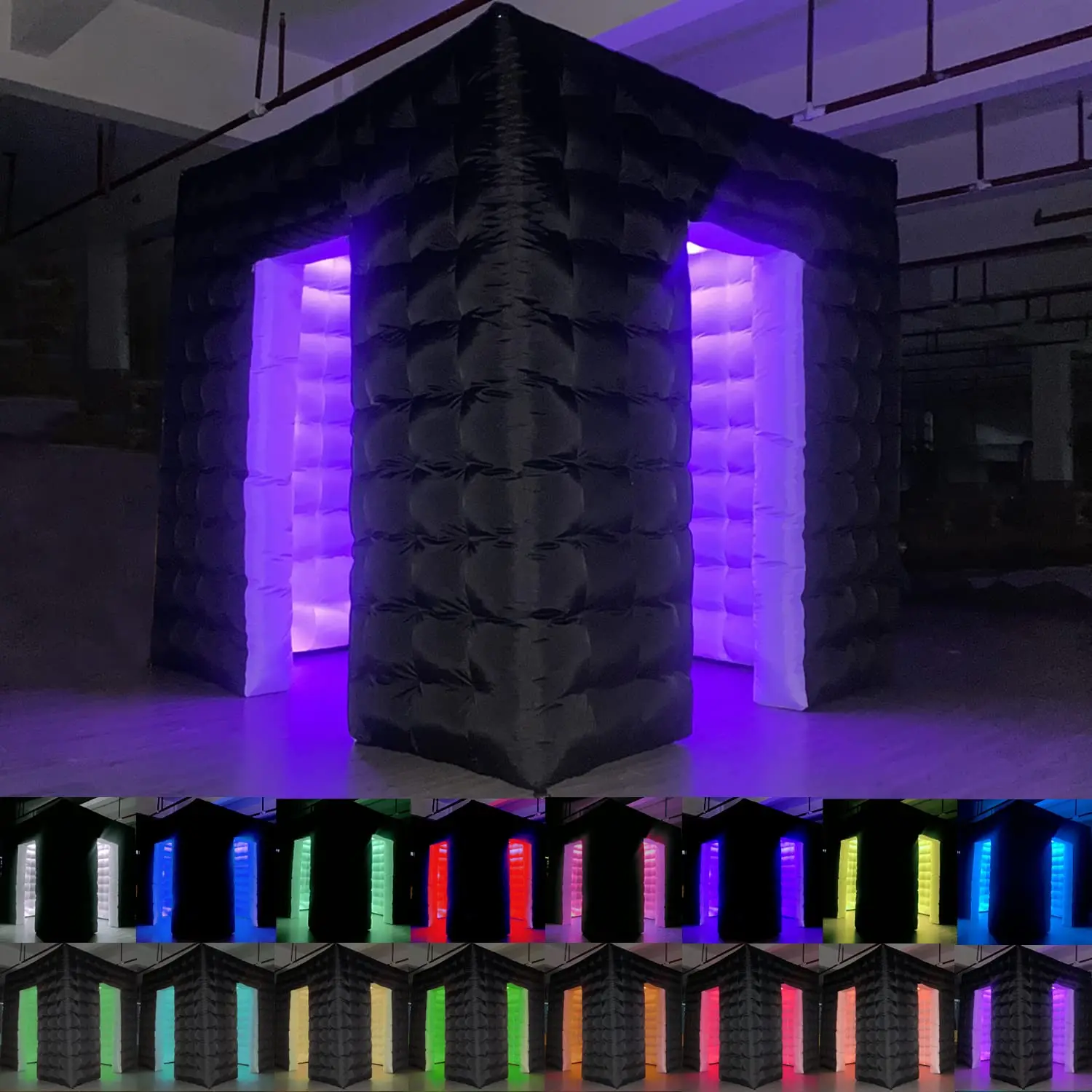Portable Inflatable Photo Booth Enclosure (Black, 2 Doors, 8.2x8.2x8.2ft) with Inner Air Blower, LED Lighting, Colorful Camera Backdrop, Accessories & Plug – Great for Parties, Weddings