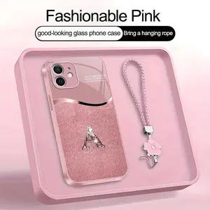 Luxury Pink Phone Case with Lanyard Initial Letter A-Z Cover for iPhone 12 --975