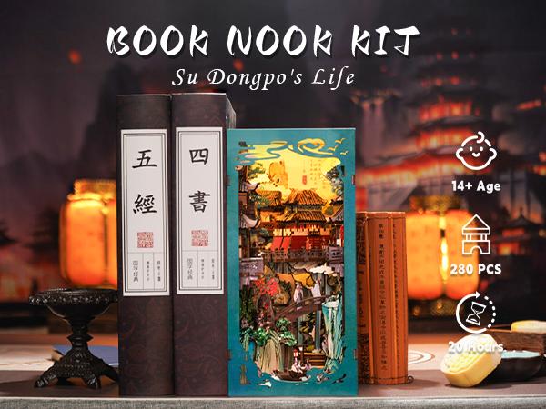 CUTEBEE DIY 3D Book Nook Kit Su Dongpo’s Life – Wooden Miniature House with LED Light, Handmade Ancient Chinese Landscape Decor | Holiday, Christmas and Black Friday Gift