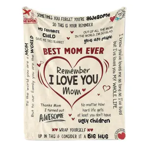 Best Mom Ever Love Message Flannel Blanket Sentimental Mom Gift Throw with Heartfelt "I Love You Mom" Quotes – Ultra-Soft, Cozy, Perfect for Mother's Day, Birthday, Christmas and Gifting to Awesome Moms, Ideal for Warm Snuggles.