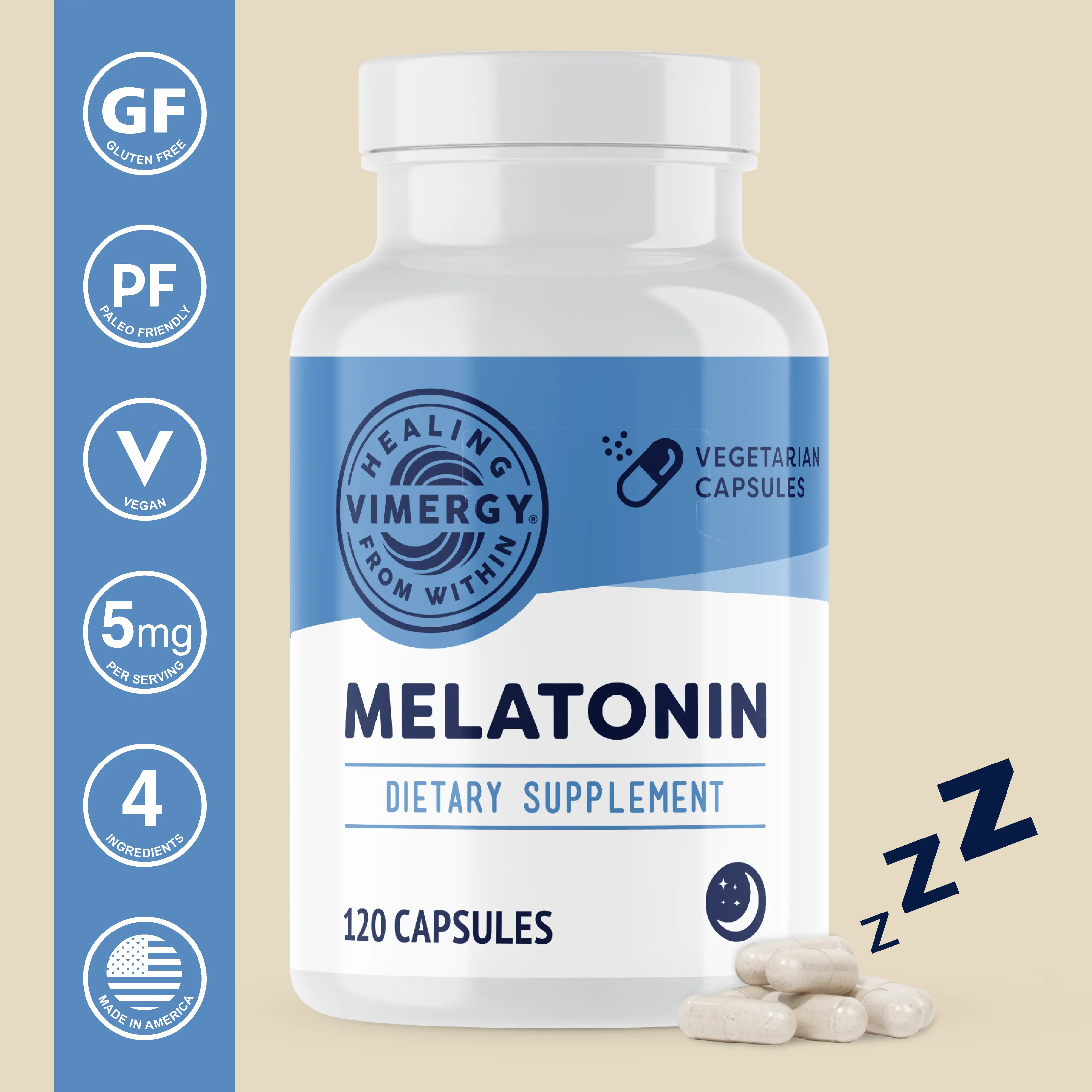 Vimergy Melatonin 5mg 120 Capsules – Natural Sleep Aid – Sleep Supplement – Helps You Fall Asleep Faster & Stay Asleep Longer - Non-GMO, Gluten-Free, Kosher, Soy-Free, Vegan, Paleo
