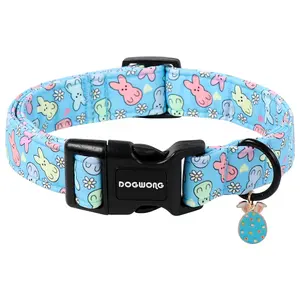 DOGWONG Easter Dog Collar, Blue Colorful Bunny Puppy Collar, Adjustable Heavy-Duty Dog Accessory for Small Medium Large Girl Boy Dogs