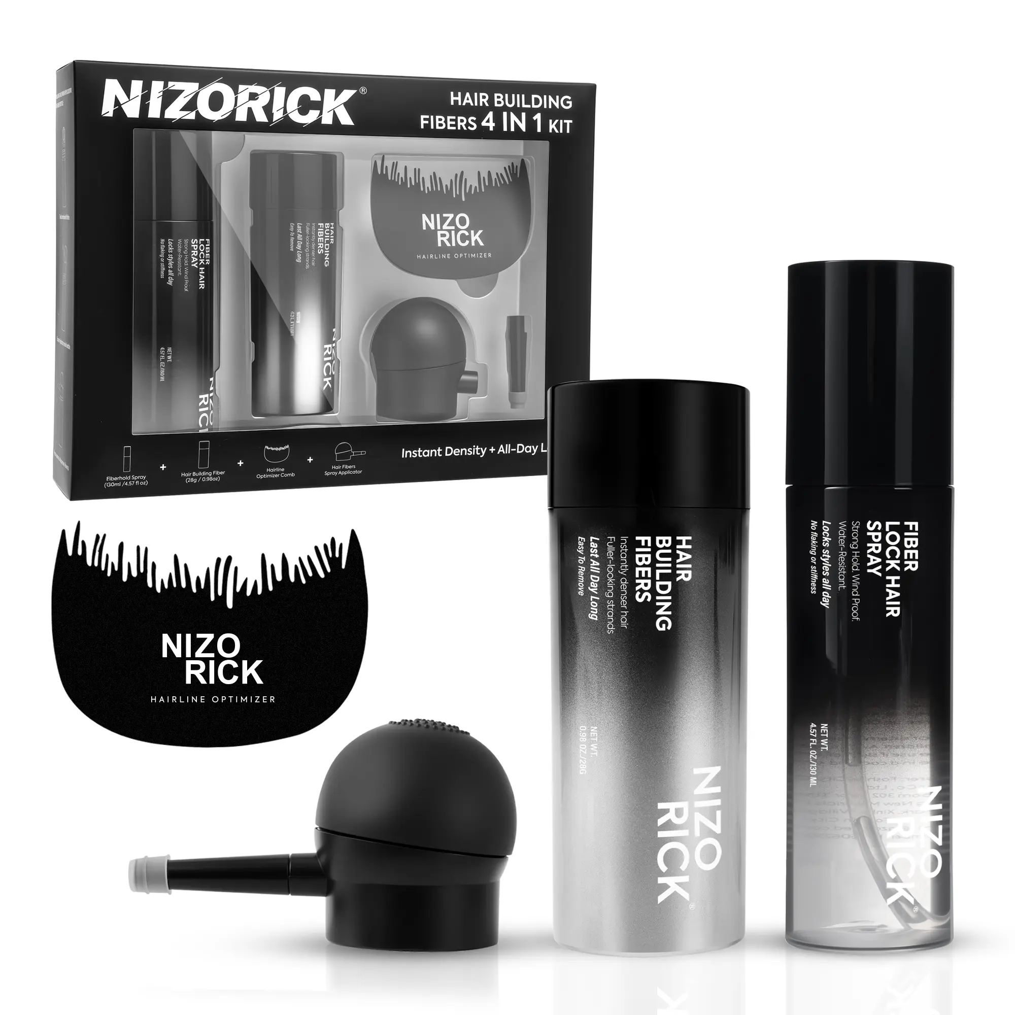 NIZORICK Hair Building Fibers 4-in-1 Kit with Fiber Hold Spray Comb & Spray Nozzle for Thinning Hair Instant Fuller Look Waterproof Root Touch Up for Men & Women Haircare Hair Dye Mousse