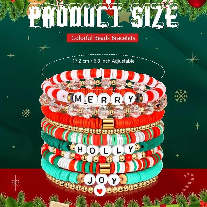 MANY [Christmas Holiday Bracelet Set] 10-Pack Festive Polymer Clay Heishi Stretch Bracelets with Joyful Messages Plastic Bead Jewelry Gift for Women Seasonal Party Accessories
