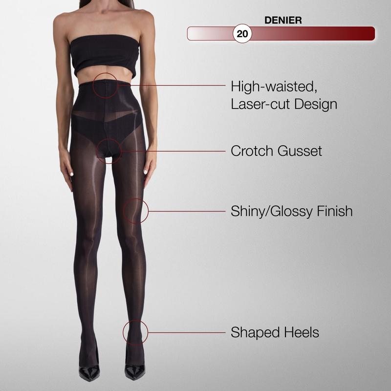 LECHERY Lustrous Shiny Sheer Pantyhose – High-Shine Ultra-Sheer 20 Denier Nylon Blend, Seamless High-Waist Laser-Cut Design, Ladder-Resistant Knit