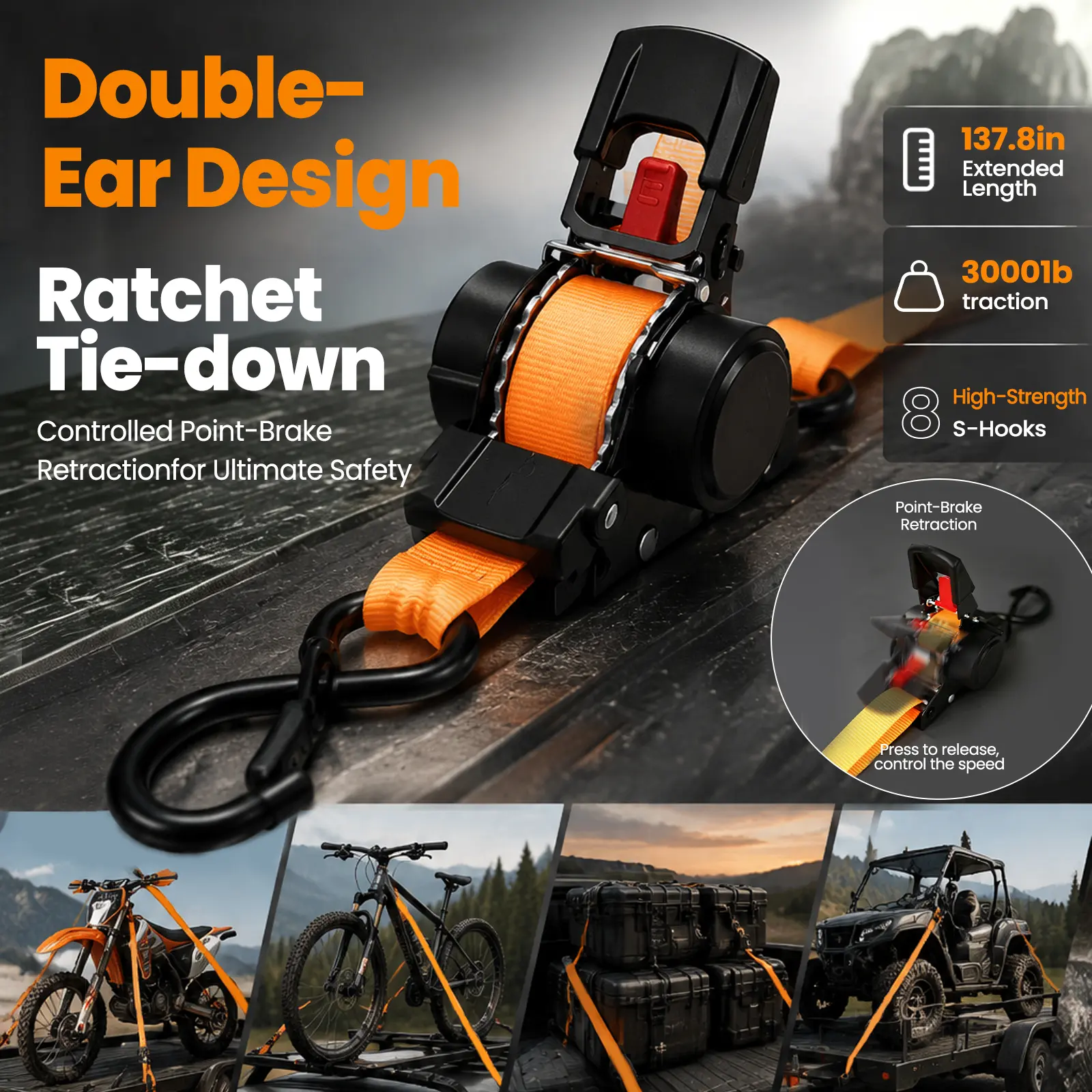 [1-Pack & 4-Pack] Heavy-Duty Retractable Motorcycle Tie Down Straps, Auto-Retracting Ratchet Straps with Scratch-Free Coated S-Hooks & Safety Clips for ATV, UTV, Dirt Bike Transport, Anti-Wind Flap Secure Tensioning, Anti-Drop & High Strength, Paint Safe,